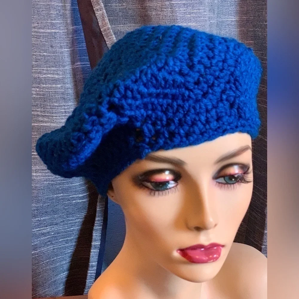 UNISEX KNIT BERET SLOUCH HAT HANDMADE CROCHET BLUE WARM WINTER GEAR OS - Picture 5 of 6